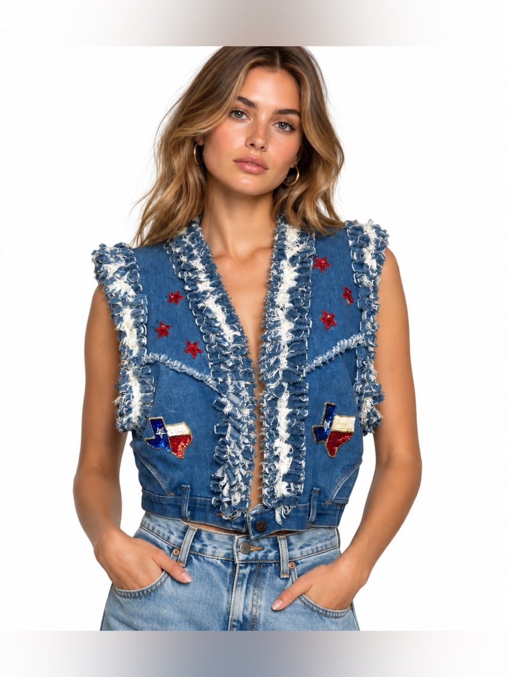 Upcycled Wrangler Denim Vintage Vest Made with Texas Flag Stars & Musical Notes